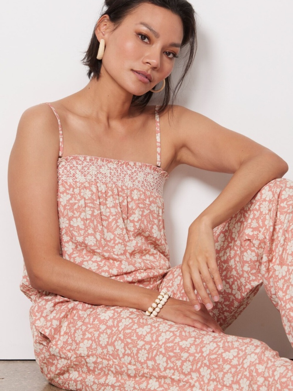 Faherty Smocked Jumpsuit - pink and cream, size small